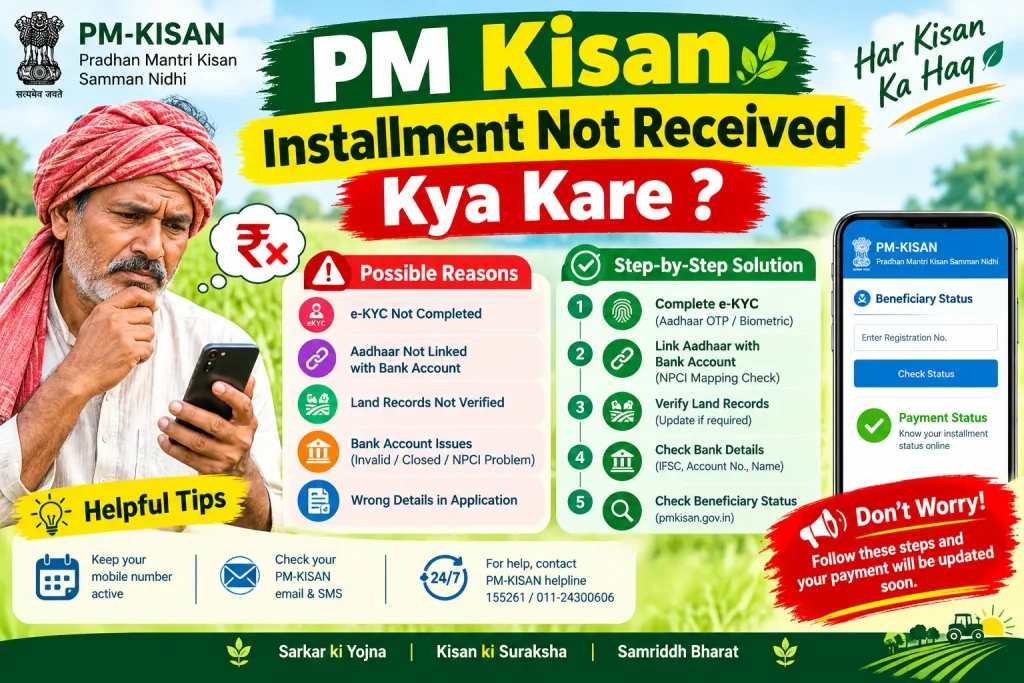 PM Kisan Installment Not Received – Kya Kare? PM Kisan installment not received: reasons, beneficiary status check, e-KYC, Aadhaar linking, and payment solutions.