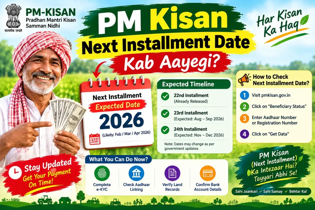 PM Kisan Next Installment Date Kab Aayegi PM Kisan next installment date 2026, expected release timeline, and status check information.